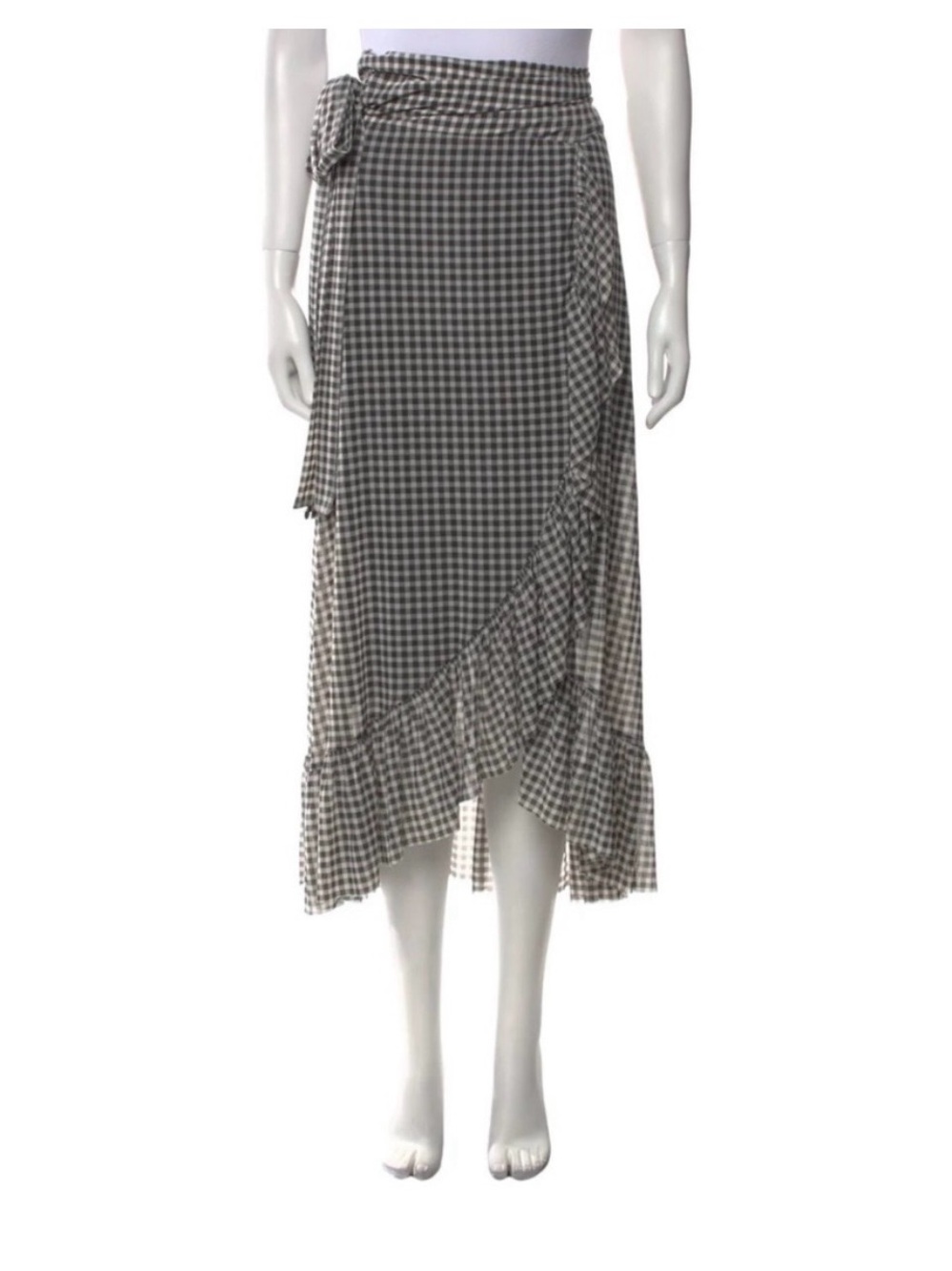 Ganni Black and White Gingham Mesh Ruffle Wrap Skirt